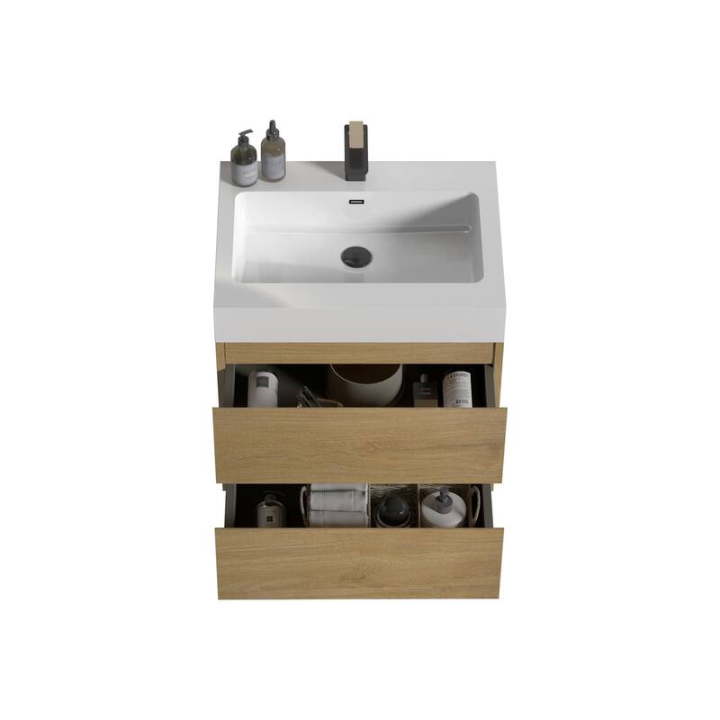Single Sink Wall-Mounted Bath Vanity in Oak with White Solid Surface Top