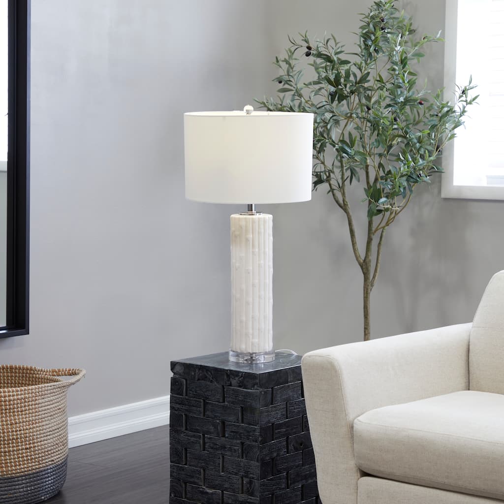 White Ceramic Fluted Base Table Lamp with Drum Shade