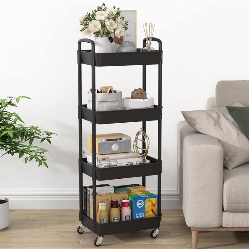4-Tier Rolling Storage Cart Utility Cart - 11.02"D x 15.35"W x 42.32"H - Black