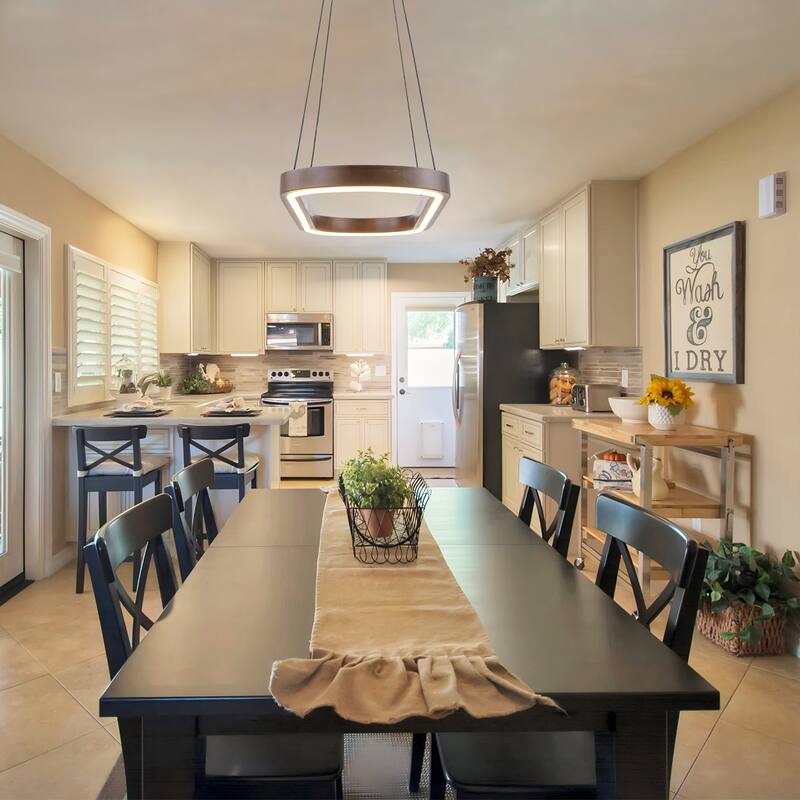 39.4" Modern Wood Oval LED Pendant Light - 39W 3000K Warm Light Linear Ceiling Pendant, Dimmable LED Fixture for Dining Room