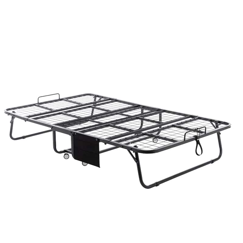 Twin XL Size Metal Frame Foldable Bed with Memory Foam Mattress and Wheels (350lb Capacity)