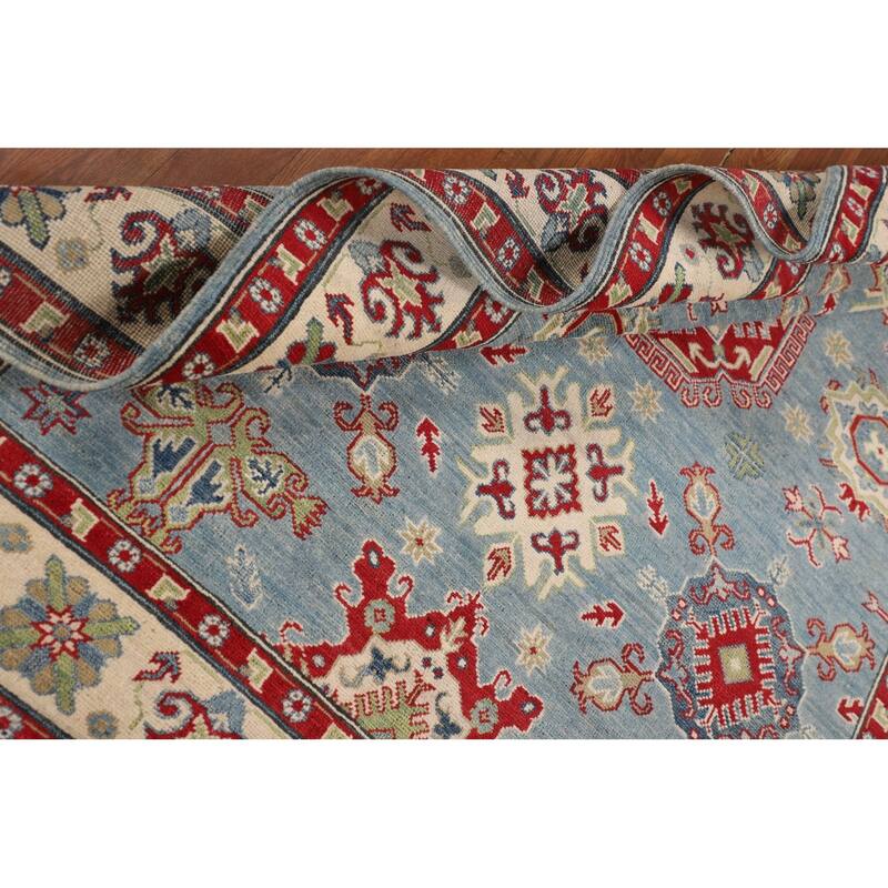 Light Blue Kazak Area Rug Handmade Geometric Wool Carpet - 5'3" x 6'8"