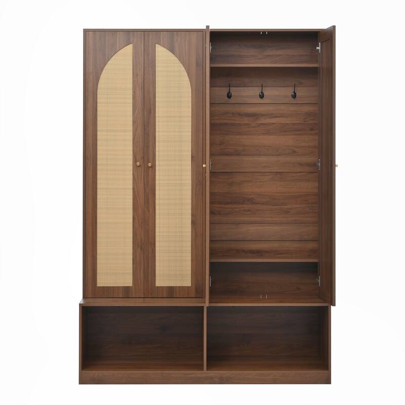 55.1"W Hall Tree with Hooks Entryway Shoe Cabinet with Adjustable Shelf