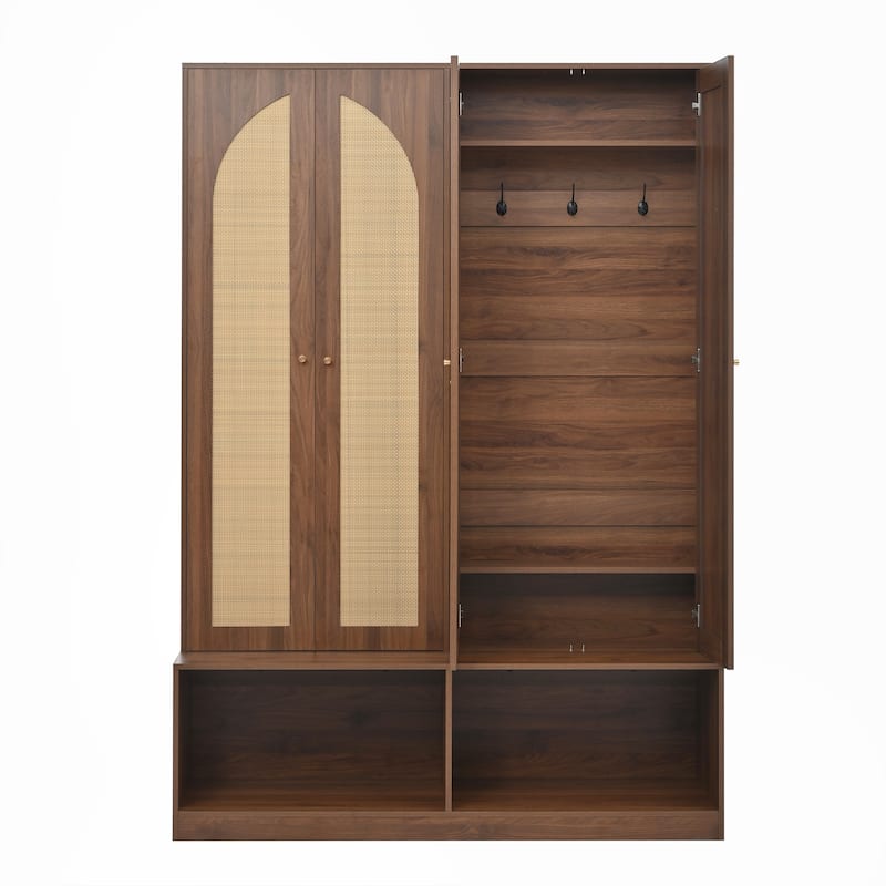 Roomfitters Mid-Century Wide Hall Tree with Rattan Doors, Mudroom 4-in-1 Seating Bench with 6 Hooks and Shelf Shoe Cabinet
