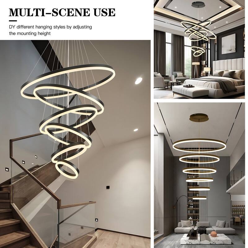 Modern Ring LED Chandelier Large Circle Pendant Light for High Ceilings, Dimmable with Remote - 6 Rings