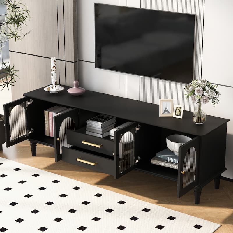 68.9" TV Stand for TVs up to 75 Inches, Entertainment Center Media Console with Fluted Glass Doors and Five Solid Wood Legs