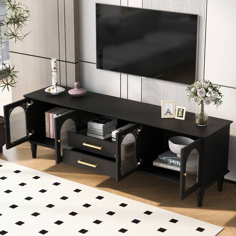 69" Retro-Modern TV Console with Fluted Glass Cabinet Doors, Roman Column Legs & Drawers, Fits TVs up to 75"