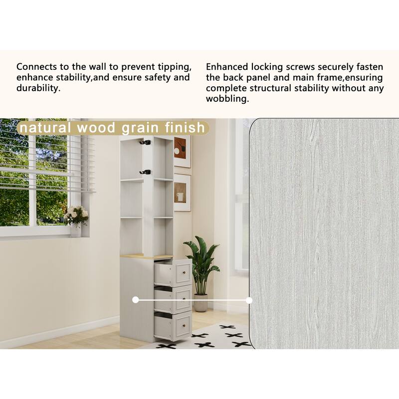 73'' Tall Slim Storage Cabinet with 3 Drawers, Hooks & 3-Tier Shelves, Media Tower for Books, CDs, DVDs, Games & Consoles