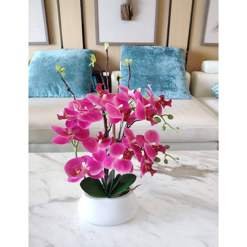 Artificial Orchid Plants and Flowers with Vase, Fake Faux Orchid in Ceramic Pot,17", Fuchsia