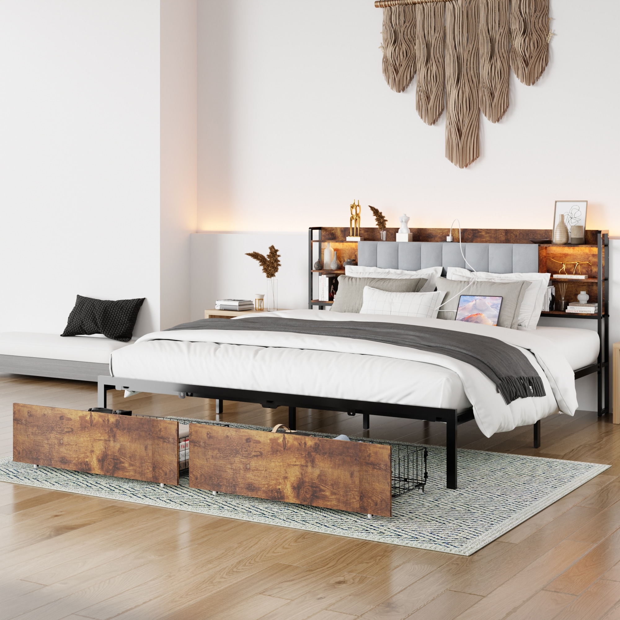 Metal Bed Frame , Storage and Charging 2 in 1 Headboard - King
