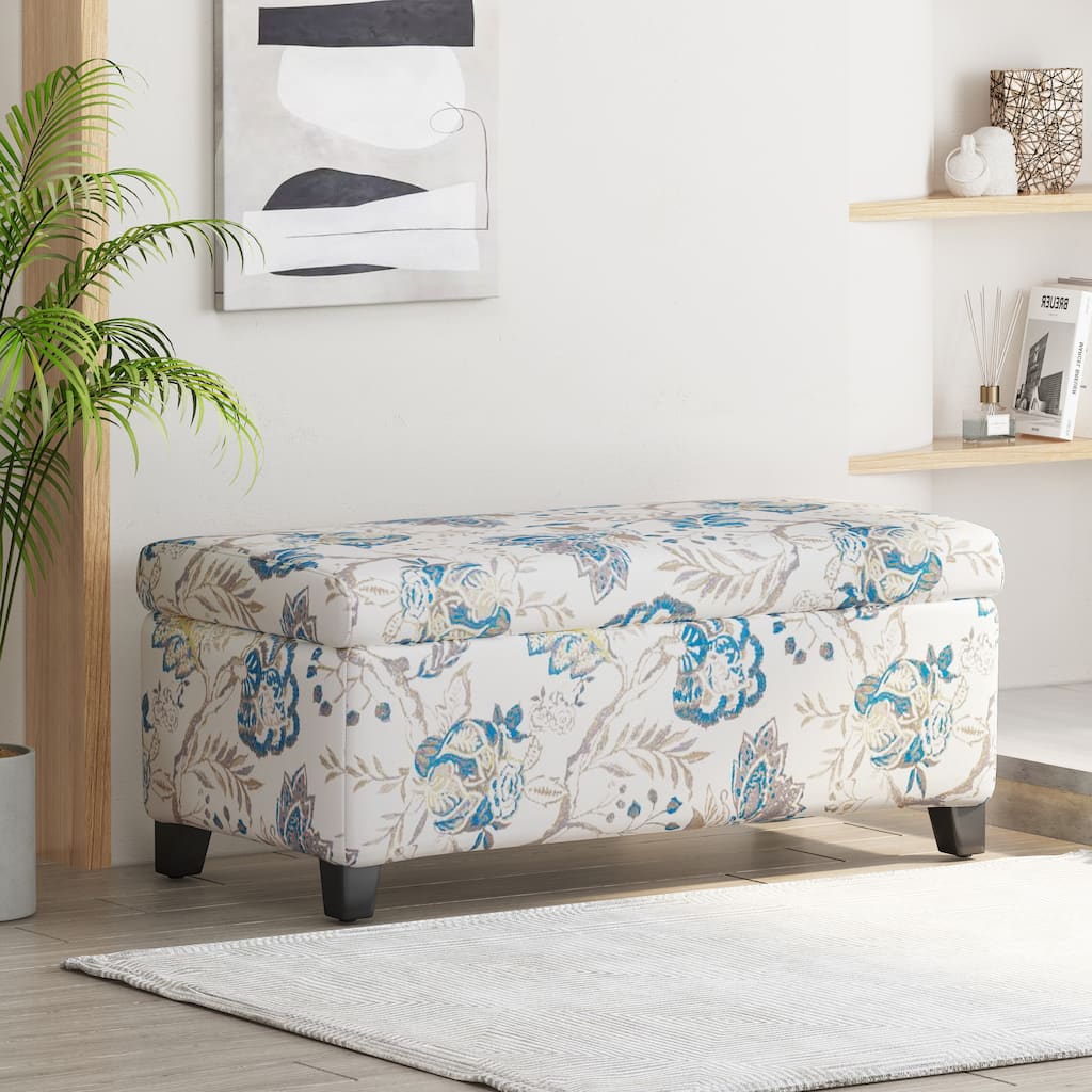Luxury Storage Ottoman with Floral Patterned Fabric, Soft-Close Hinges, Multi-Functional Footrest Seat for Living Room