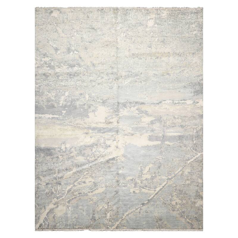 9'x11'11" Ivory Modern Tibetan Wool and Silk Hand Knotted Oriental Rug - 9' x 11' 11''