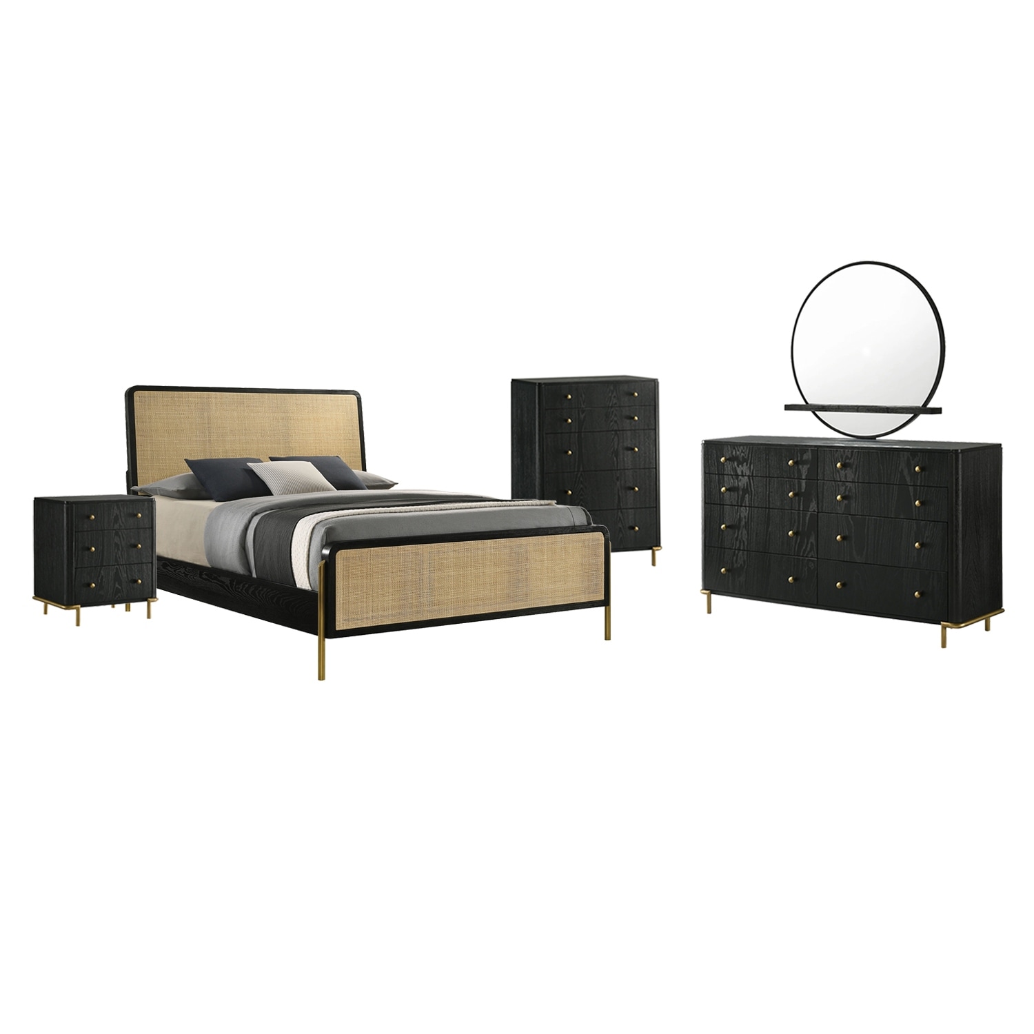 Woven Rattan Eastern King Bedroom Set in Black and Natural