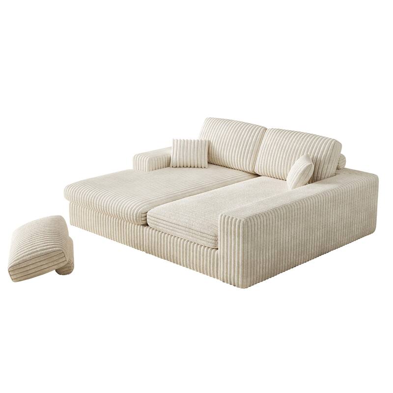 Corduroy Sleeper Sofa Bed L-shaped Sectional Sofa with Chaise, Living Room 2-in-1 Convertible Couch with Detachable Neck Pillows