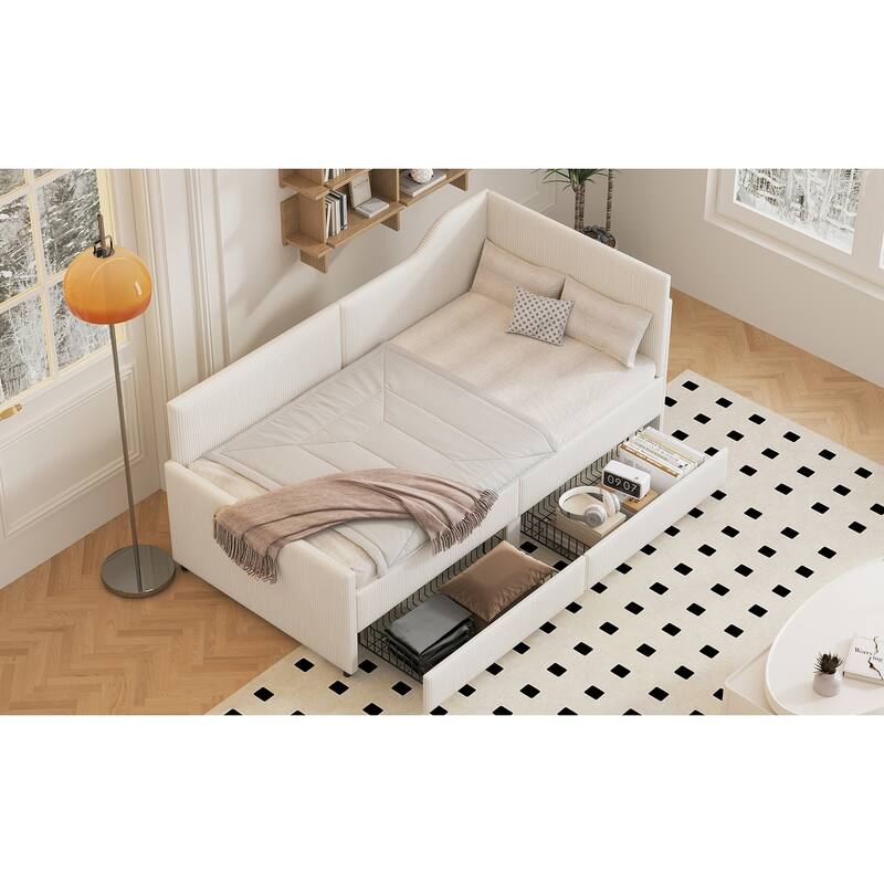 L-Shaped Twin Daybed with Storage Drawers, Corduroy Upholstery, Beige