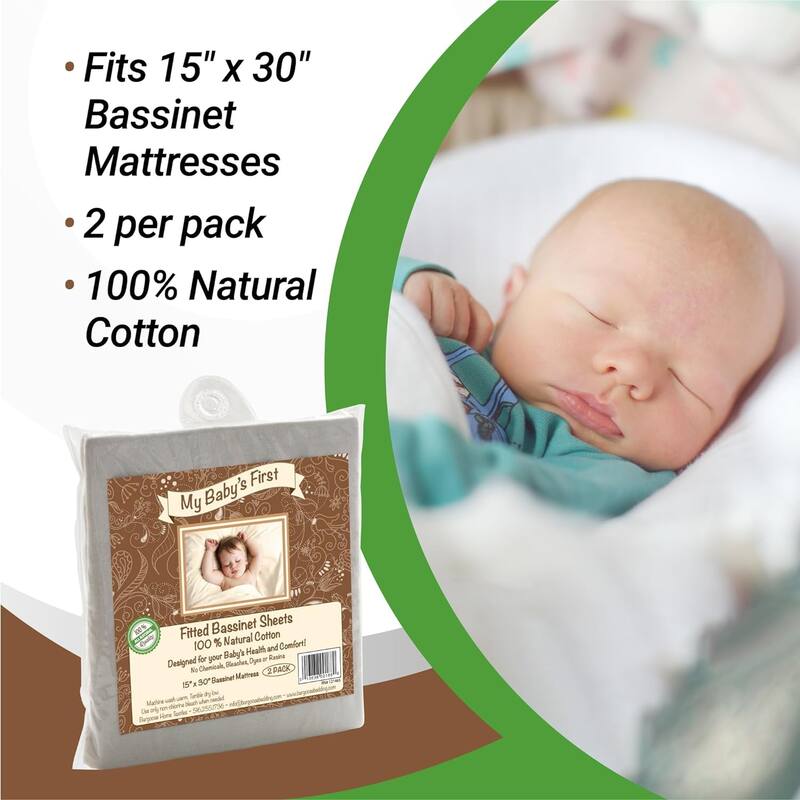 My Baby's First, Fitted Bassinet Sheets, 100% Natural Cotton, 15" x 30", 2 Pack