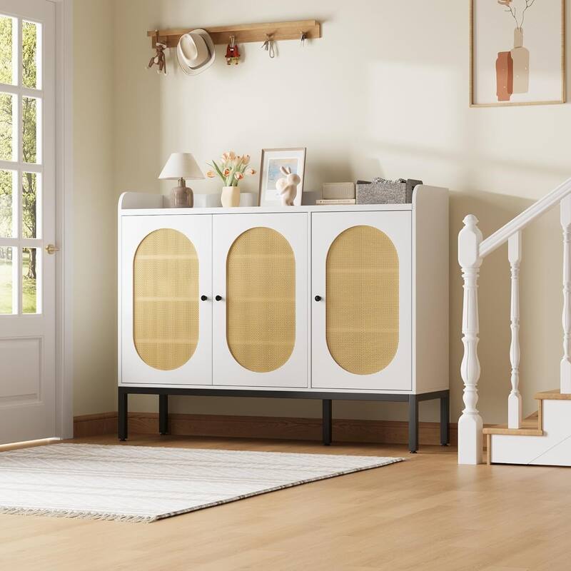 Rattan 3-Door Shoe Cabinet with Adjustable Shelves - White