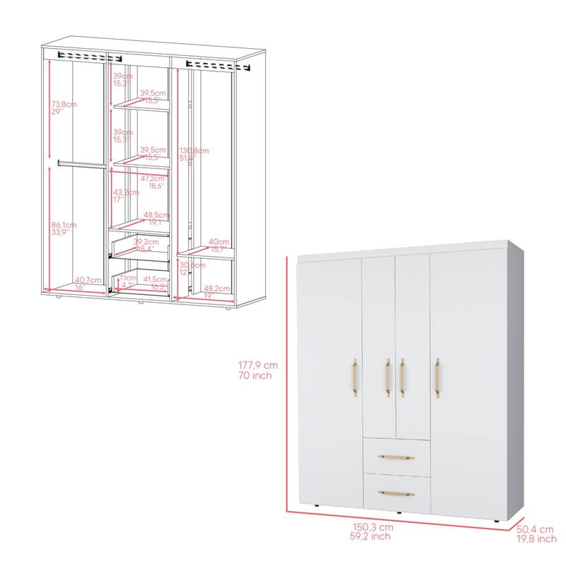 19.8" Modern Four-door Armoire with Hanging Rod, Two Spacious Drawers and Three Shelves
