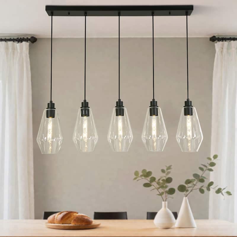 Modern Farmhouse 5-Light Black Linear Chandelier Glass Pendant or Kitchen Island Dining Room - L38" x H75.2" Max