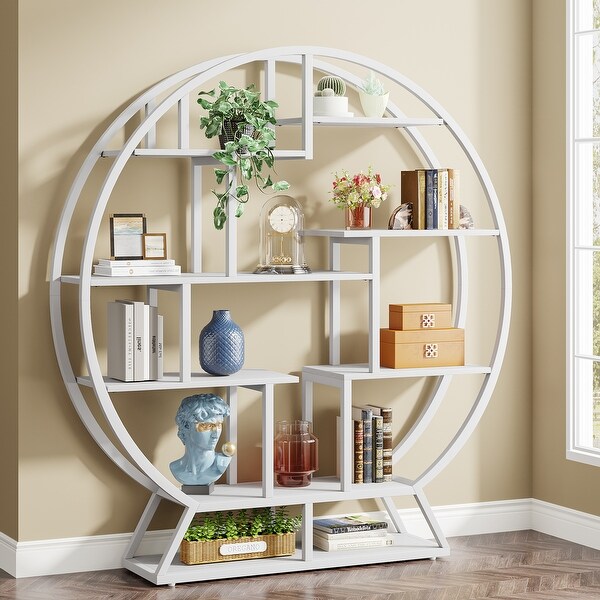 Round Bookshelves Etagere Bookcase, 63 Inch Industrial Wood Book