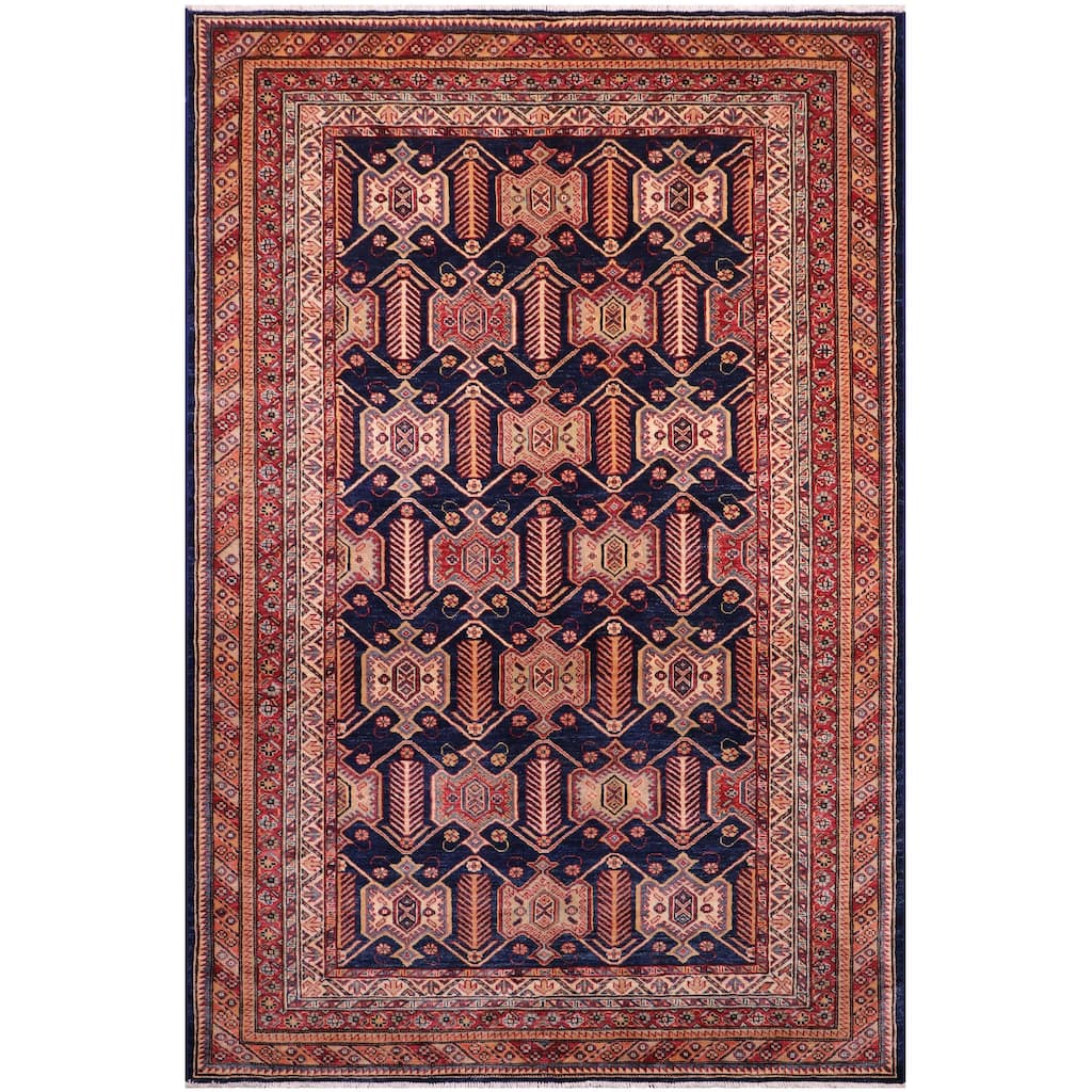 Rustic Super Kazak Thalia Blue/Multi Hand Knotted Wool Rug - 5'8'' x 7'6''