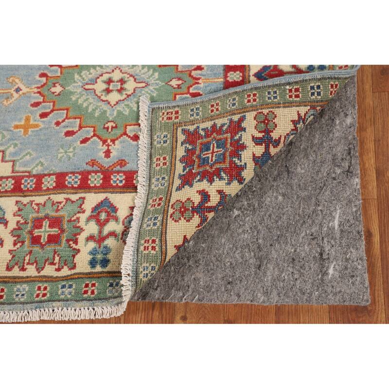 Light Blue Geometric Kazak Rug Living Room Hand-Knotted Wool Carpet - 5'0" x 6'7"