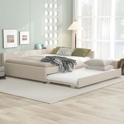 Queen Size L-shaped Upholstered Platform Bed Frame with USB and Wood Slats Support, Pull-out Trundle Bed, Beige