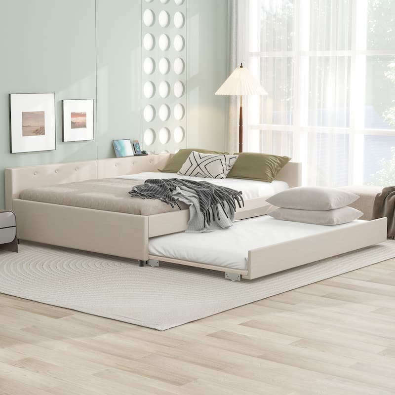 Roomfitters Full/Queen Size Upholstered Platform Bed with USB Port, Trundle Included, Beige