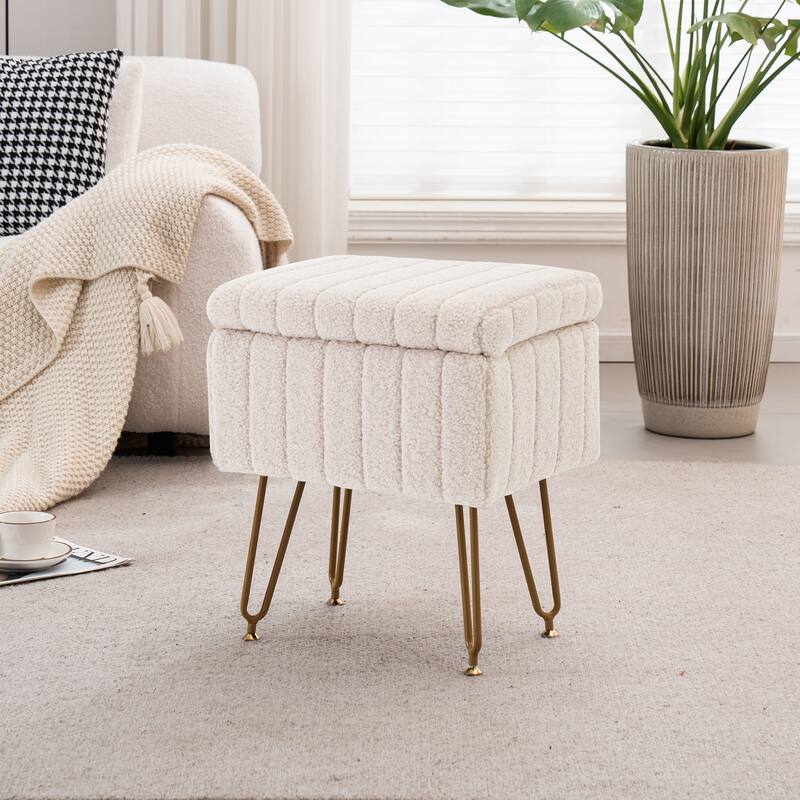 Set of 1 Lamb Wool Fabric Upholstered Storage Ottoman with Matte Golden Legs - White