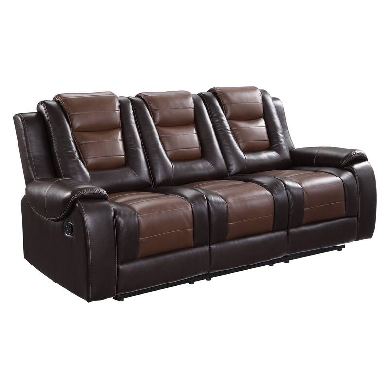 Istro 86 Inch Manual Recliner Sofa, Drop Down Table, Brown Faux Leather