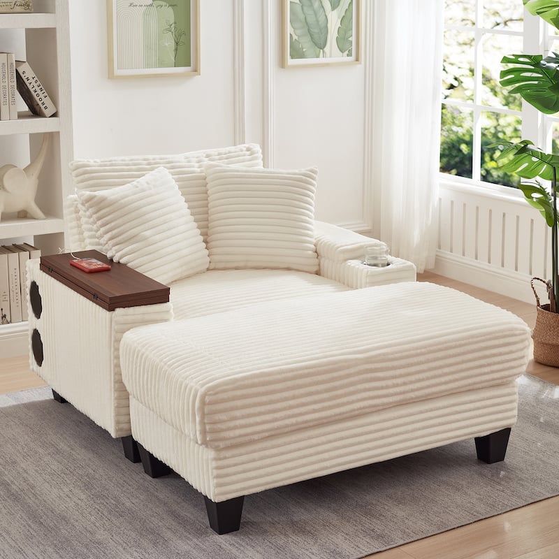 Versatile Chaise Lounge Single Sofa Chair with Ottoman, Swivel Table, Storage Armrest, Cup Holder, Bluetooth Speaker and USB
