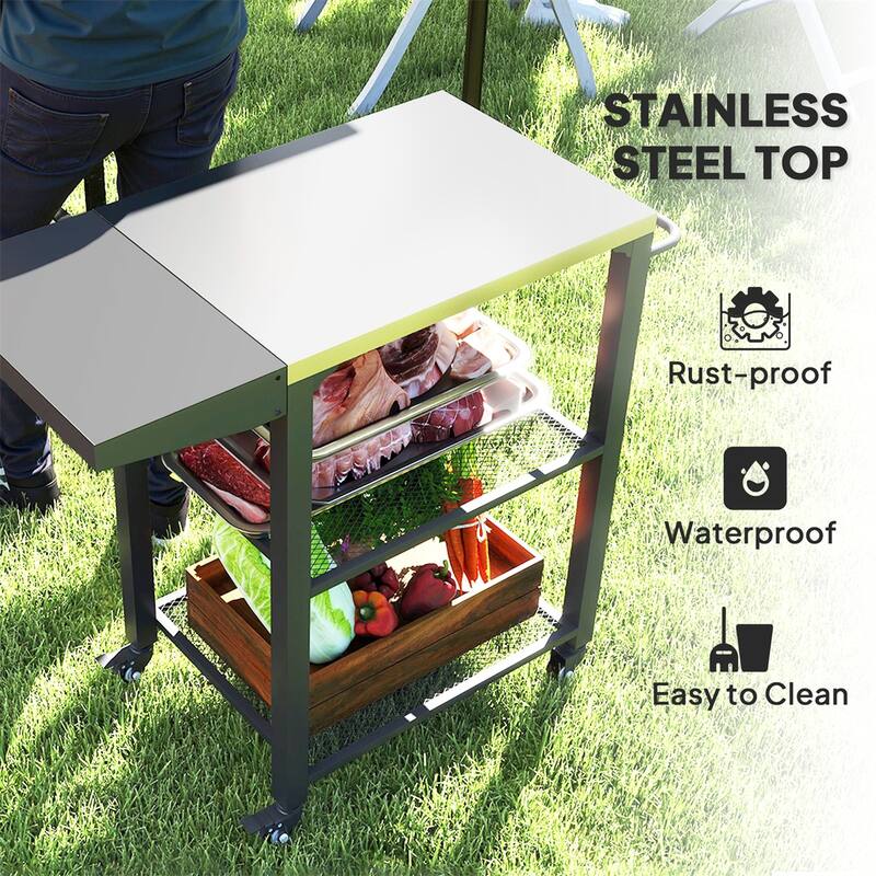 Silver and Black Stainless Steel Grill Cart with Foldable Side Table, Hooks, Grid Shelves - 31.5" L x 16.1" W x 31.1" H