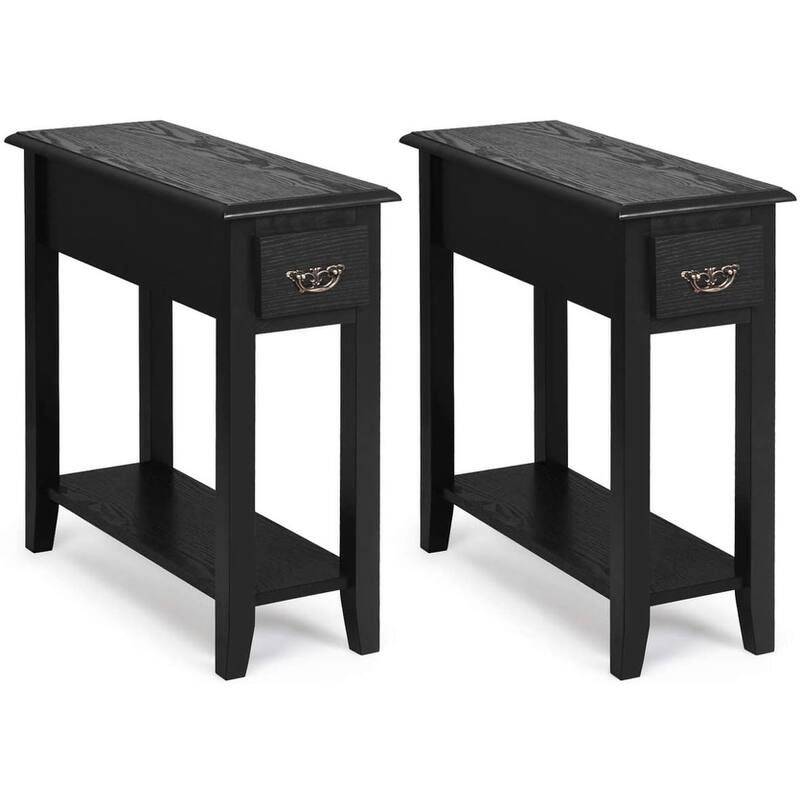 22" Set of 2 Vintage Style Woode Side End Table with Drawer and Open Shelf for Bedroom or Living - Black