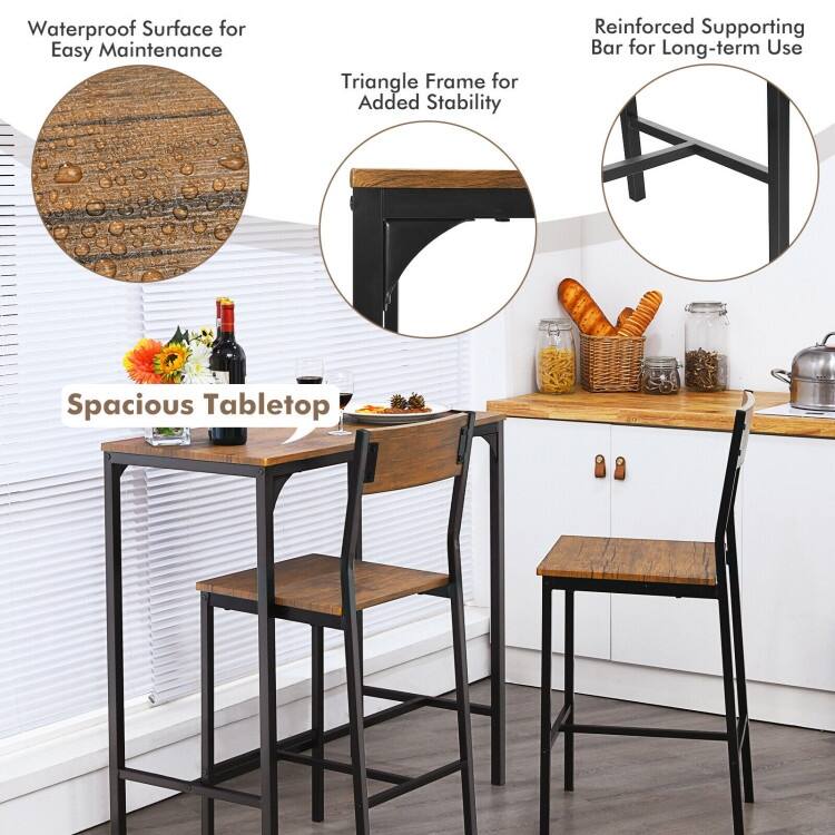 3 Pieces Bar Table Set with 2 Stools - 35.5" x 18" x 35"(L x W x H)