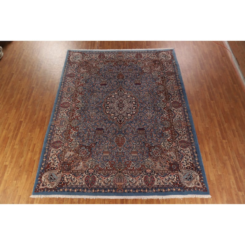 Hand Knotted Oriental 100% Wool Carpet Traditional Floral Navy Blue & Blues Kashmar Area Rug - 12' 9'' X 10' 0''