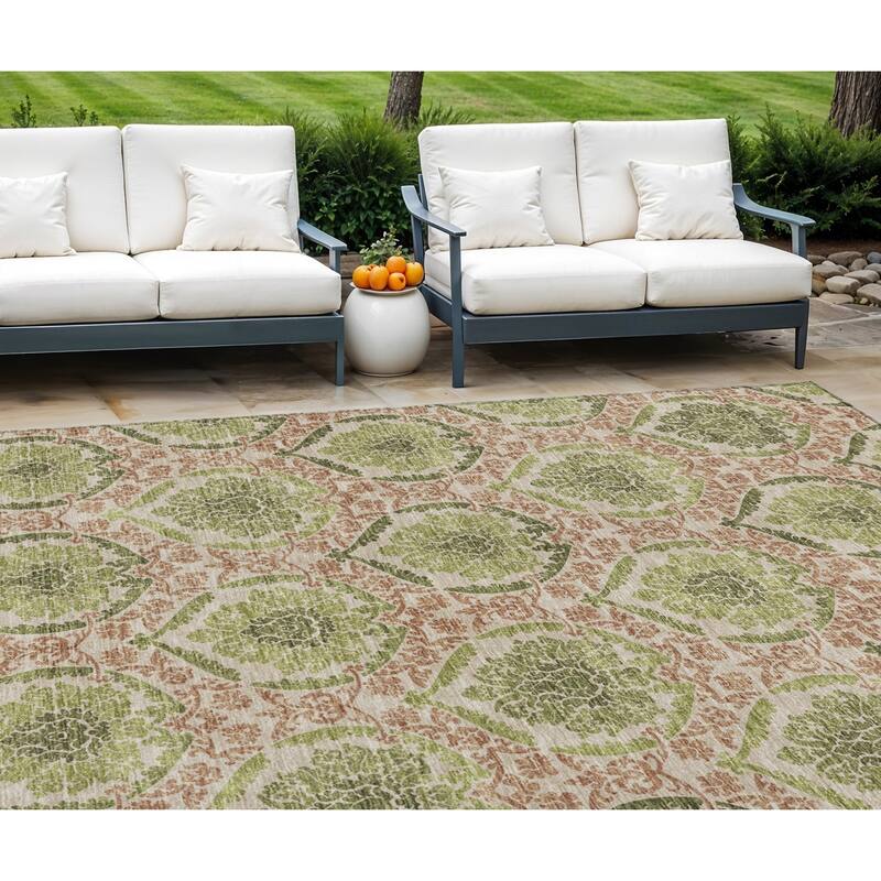HomeRoots Medallion Transitional Rectangle Outdoor Rug - 10' X 14'