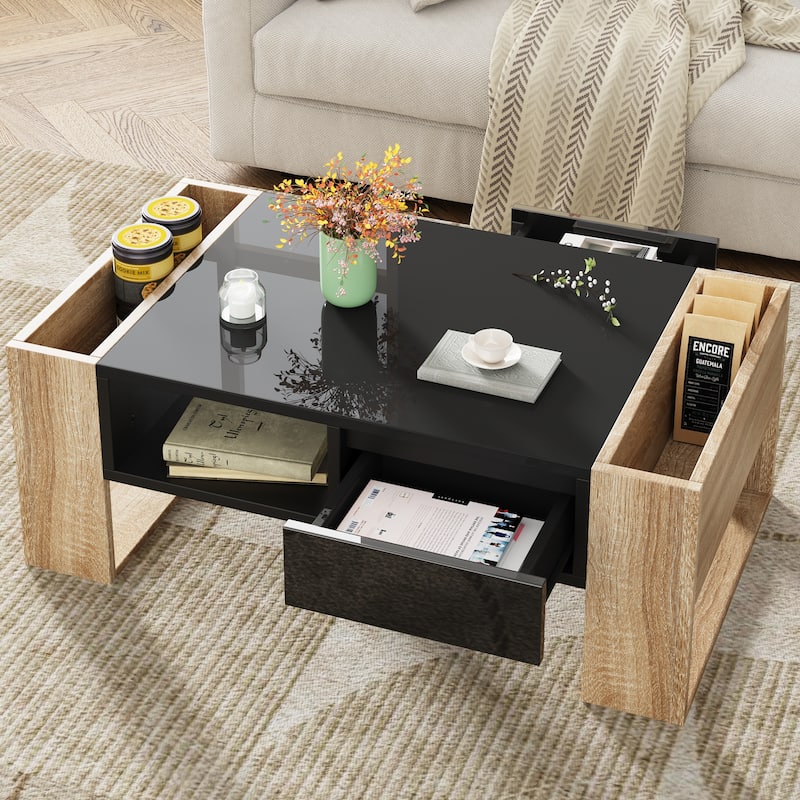 High Gloss Coffee Table with 2 Drawers and Hidden Storage, Two-Tone Center Table - 41.3" W × 23.6" D × 15.7" H