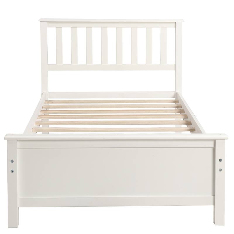White Twin Size Wood Platform Bed with Headboard and Footboard, Solid Pine Wood Construction, Walnut Finish