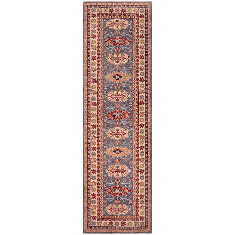 Tribal Kazak Bethany Light Blue/Beige Wool Runner - 2'10'' x 9'9''