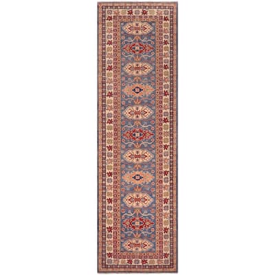 Tribal Kazak Bethany Light Blue/Beige Wool Runner - 2'10'' x 9'9''