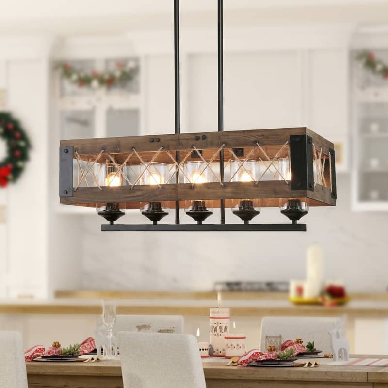 Farmhouse 5-Light Wood Chandelier Rustic Linear Island Lights