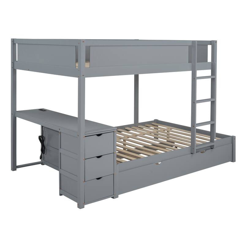 Full-Over-Full Bunk Bed with Twin Trundle, Storage, Desk, and USB Ports, Gray