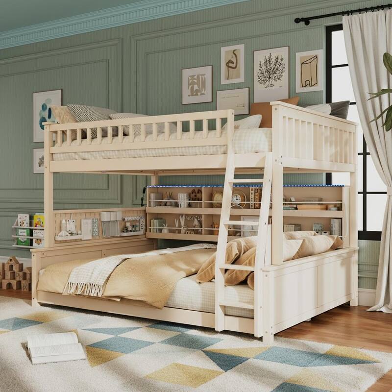 Convertible Bunk Bed with LED Storage Wall & Pegboard by Harper&Bright Designs - Beige - Queen