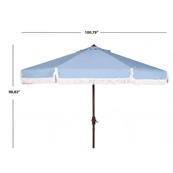dimension image slide 2 of 5, SAFAVIEH Milan 9ft Round Outdoor Patio Umbrella with Fringe Trim - UV Resistant, Crank Lift & Button Tilt
