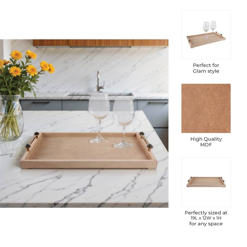 Wood Metal Decorative Serving Tray with Handles Modern Style - 1" Tan - 19" x 12" x 1"