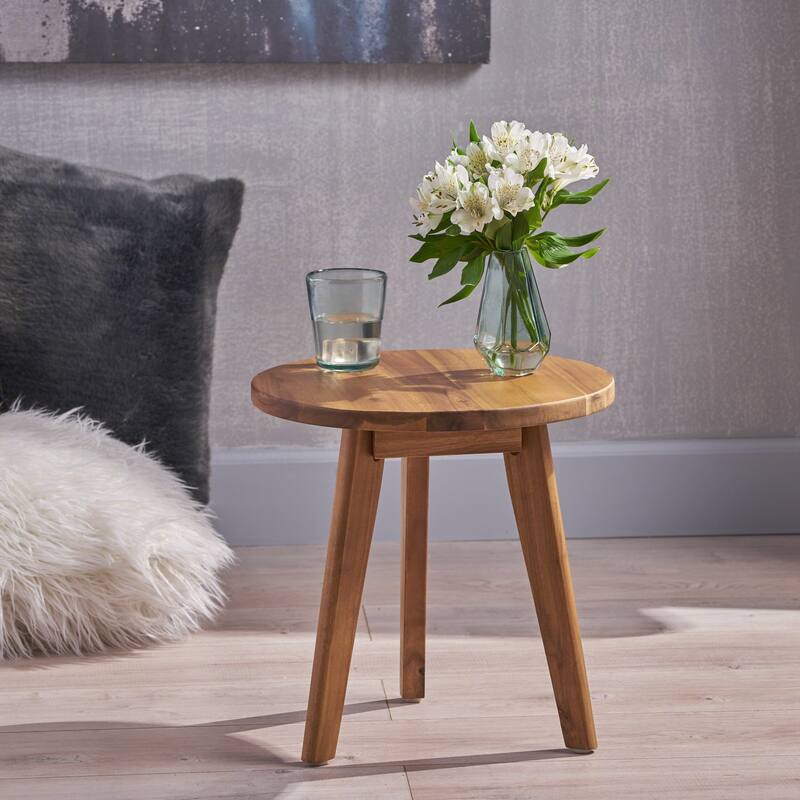 Modern Acacia Wood Side Table with Round Top and Triangular Base