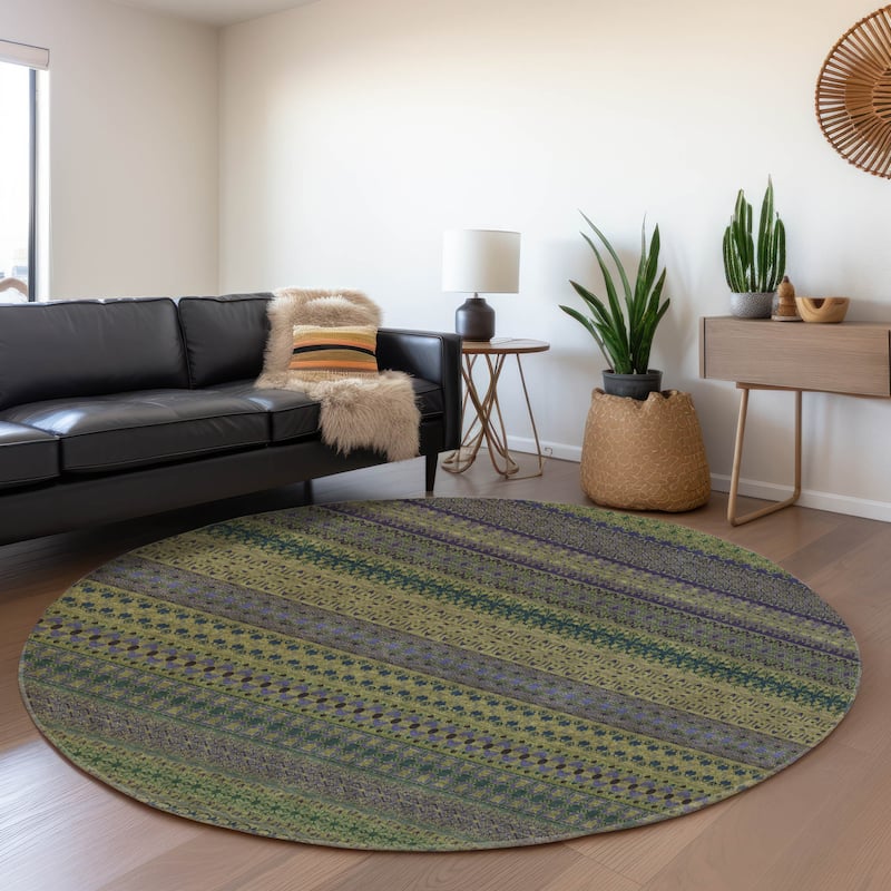 Premium Washable Super Soft Boho Stripes Mayfield Rug - Olive - 8' x 8' - Round