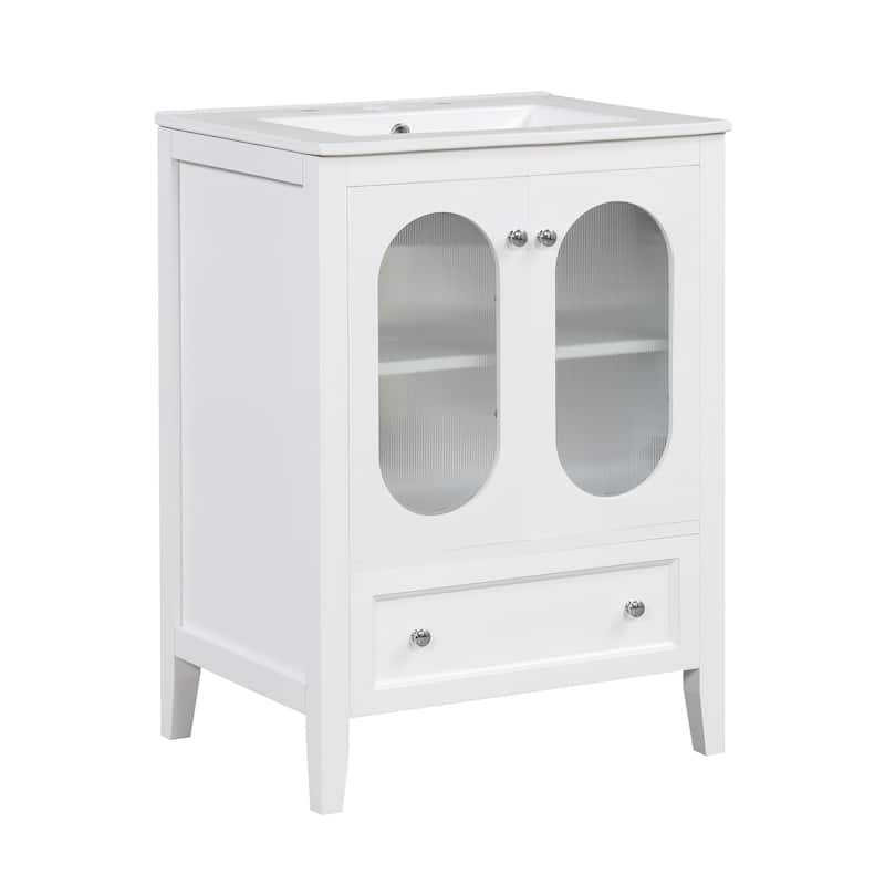 Bathroom Vanity with Sink, Vanity Set with 1 Drawer and 2 Glass Doors, Bathroom Storage Cabinet with Adjustable Shelf