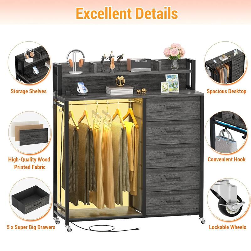 5 Drawers Dresser with Charging Station & LED Lights, Chest of Drawers with Hanging Rod ＆ Lockable Wheels ＆ Storage Shelves