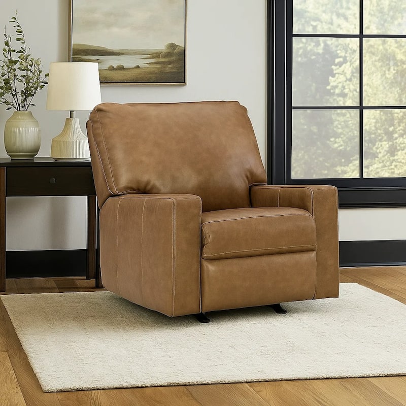 Miller Manual Recliner Chair, Pull Tab, Caramel Brown Real Leather